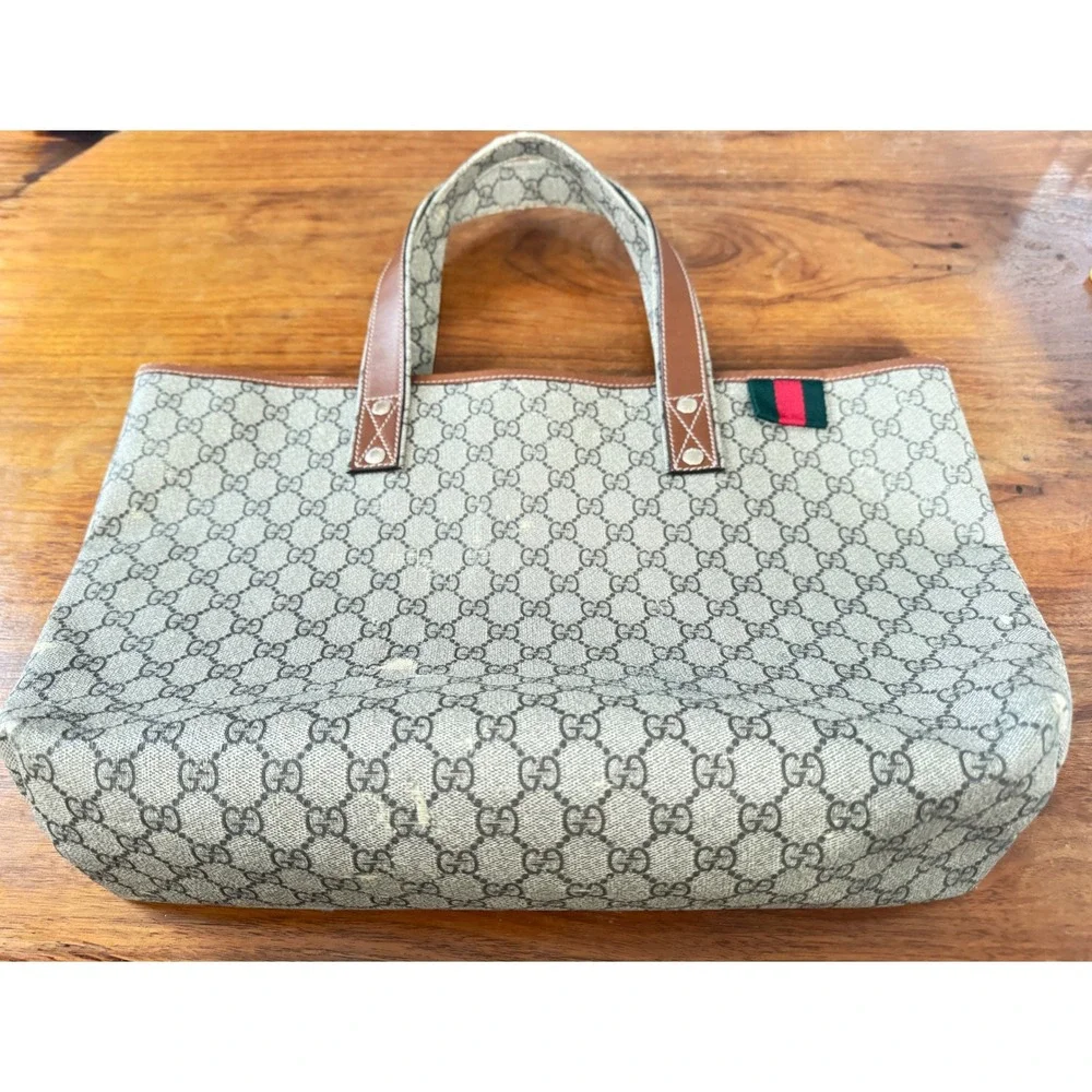 Gucci GG Supreme Tote Bag Monogram Canvas Brown Leather Web Detail 211134